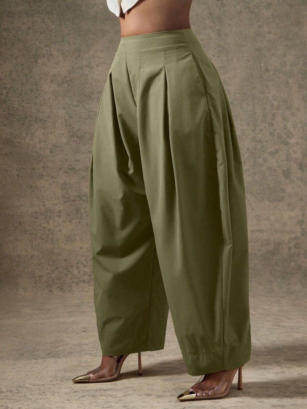 Olive Green Casual Women's High Waist Pleated Detail Barrel Leg Office Pants - Picture 5 of 5